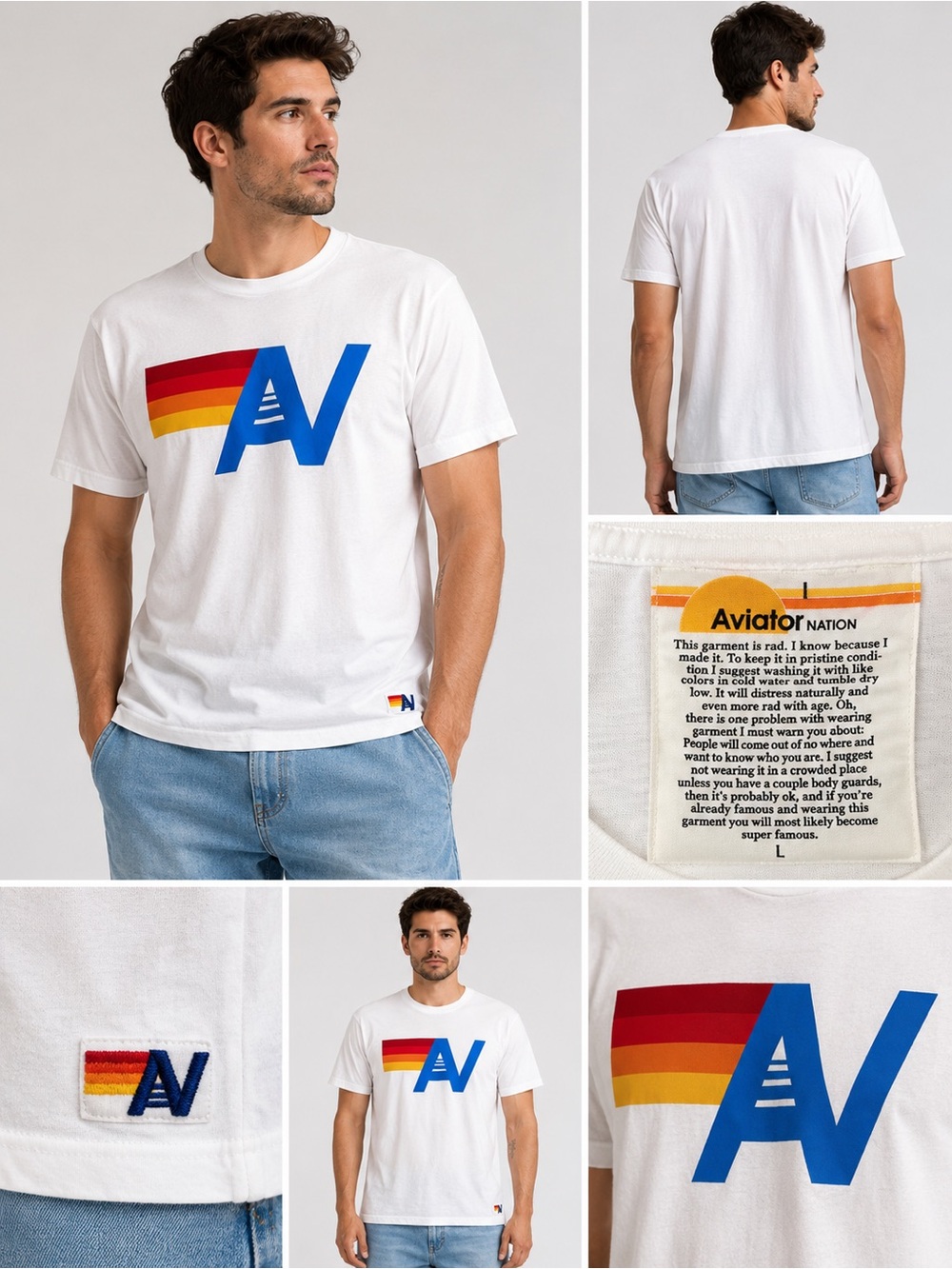 Aviator Nation Rainbow Logo Graphic Tee White Retro California Made USA Size L